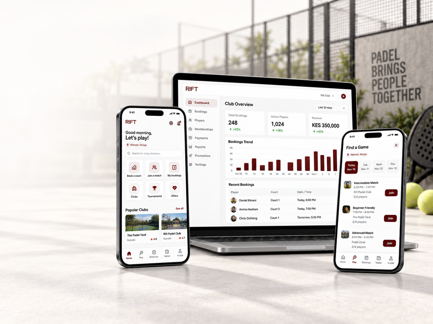Rift Sports on a laptop and two phones — club dashboard with bookings and revenue, plus player screens for finding clubs and joining games